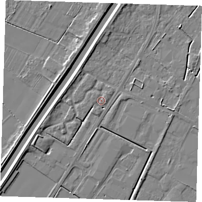 Shaded relief map of the ground around PE140TG, computed from Environment Agency LiDAR. The ground here sits at about 4 m above sea level and falls 5 m across the surrounding 800 m. Surface water reaching this point runs off ground lying to the west-north-west, 2.7 m higher.