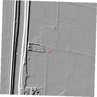 Shaded relief map of the ground around PE147AA, computed from Environment Agency LiDAR. The ground here sits at about 4 m above sea level and falls 11 m across the surrounding 800 m. Surface water reaching this point runs off ground lying to the west-north-west, 2.3 m higher.