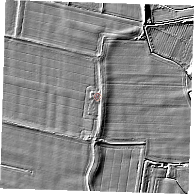 Shaded relief map of the ground around PE147AD, computed from Environment Agency LiDAR. The ground here sits at about 4 m above sea level and falls 12 m across the surrounding 800 m. Surface water reaching this point runs off ground lying to the south, 1.3 m higher.