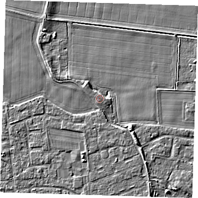 Shaded relief map of the ground around PE147AE, computed from Environment Agency LiDAR. The ground here sits at about 5 m above sea level and falls 5 m across the surrounding 800 m. Surface water reaching this point runs off ground lying to the south-east, 3.6 m higher.