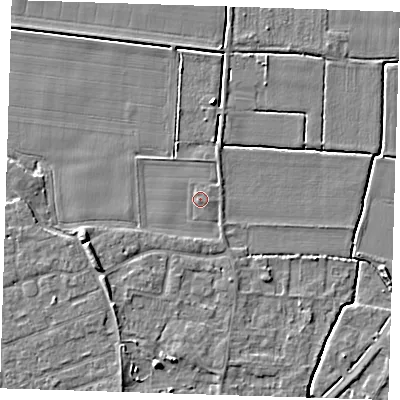 Shaded relief map of the ground around PE147AF, computed from Environment Agency LiDAR. The ground here sits at about 4 m above sea level and falls 5 m across the surrounding 800 m. Surface water reaching this point runs off ground lying to the south, 1.2 m higher.