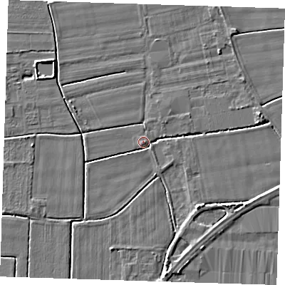 Shaded relief map of the ground around PE147AH, computed from Environment Agency LiDAR. The ground here sits at about 3 m above sea level and falls 4 m across the surrounding 800 m. Surface water reaching this point runs off ground lying to the south-east, 3.3 m higher.