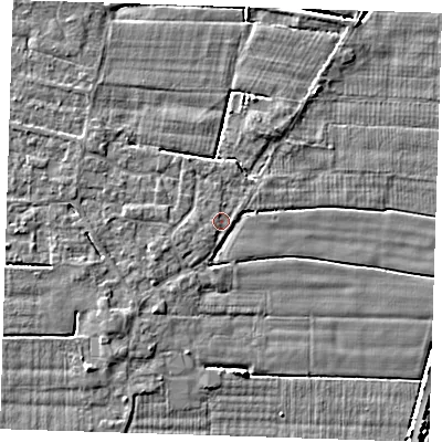 Shaded relief map of the ground around PE147AY, computed from Environment Agency LiDAR. The ground here sits at about 2 m above sea level and falls 4 m across the surrounding 800 m. Surface water reaching this point runs off ground lying to the south-west, 2.4 m higher.