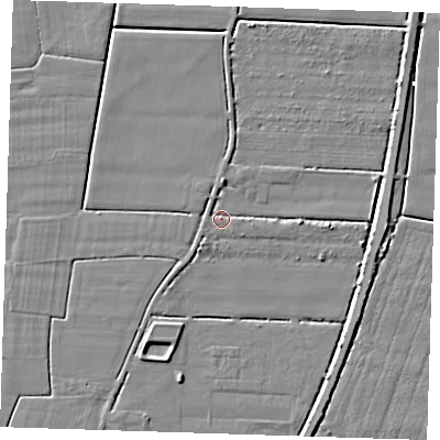 Shaded relief map of the ground around PE147AZ, computed from Environment Agency LiDAR. The ground here sits at about 2 m above sea level and falls 4 m across the surrounding 800 m. Surface water reaching this point runs off ground lying to the north, 2.4 m higher.