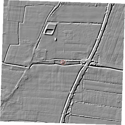 Shaded relief map of the ground around PE147BA, computed from Environment Agency LiDAR. The ground here sits at about 2 m above sea level and falls 5 m across the surrounding 800 m. Surface water reaching this point runs off ground lying to the east, 3.8 m higher.