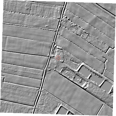 Shaded relief map of the ground around PE147BD, computed from Environment Agency LiDAR. The ground here sits at about 2 m above sea level and falls 4 m across the surrounding 800 m. The ground contributing surface water to this point lies to the north.