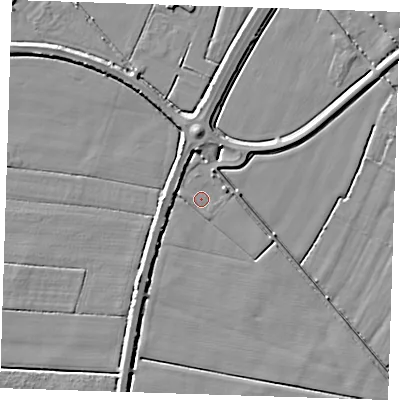 Shaded relief map of the ground around PE147BF, computed from Environment Agency LiDAR. The ground here sits at about 1 m above sea level and falls 5 m across the surrounding 800 m. Surface water reaching this point runs off ground lying to the north-north-west, 3.7 m higher.