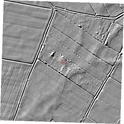 Shaded relief map of the ground around PE147BH, computed from Environment Agency LiDAR. The ground here sits at about 2 m above sea level and falls 4 m across the surrounding 800 m. The ground contributing surface water to this point lies to the east-south-east.
