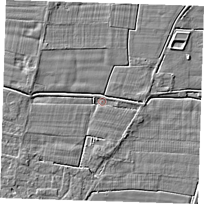 Shaded relief map of the ground around PE147BP, computed from Environment Agency LiDAR. The ground here sits at about 2 m above sea level and falls 4 m across the surrounding 800 m. Surface water reaching this point runs off ground lying to the west, 2.4 m higher.