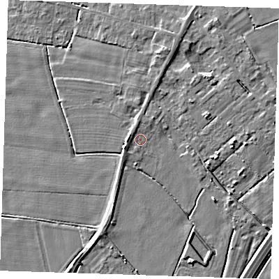 Shaded relief map of the ground around PE147DB, computed from Environment Agency LiDAR. The ground here sits at about 3 m above sea level and falls 5 m across the surrounding 800 m. Surface water reaching this point runs off ground lying to the west, 1.8 m higher.