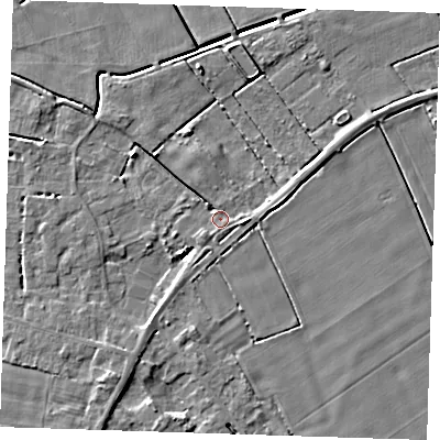 Shaded relief map of the ground around PE147DF, computed from Environment Agency LiDAR. The ground here sits at about 2 m above sea level and falls 5 m across the surrounding 800 m. Surface water reaching this point runs off ground lying to the south-west, 2.1 m higher.