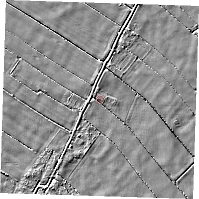 Shaded relief map of the ground around PE147DL, computed from Environment Agency LiDAR. The ground here sits at about 2 m above sea level and falls 3 m across the surrounding 800 m. Surface water reaching this point runs off ground lying to the west-north-west, 1.8 m higher.