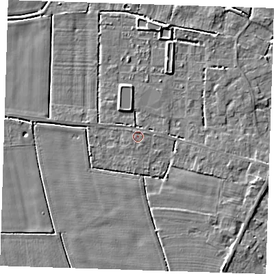 Shaded relief map of the ground around PE147DR, computed from Environment Agency LiDAR. The ground here sits at about 2 m above sea level and falls 4 m across the surrounding 800 m. The ground contributing surface water to this point lies to the north-north-east.