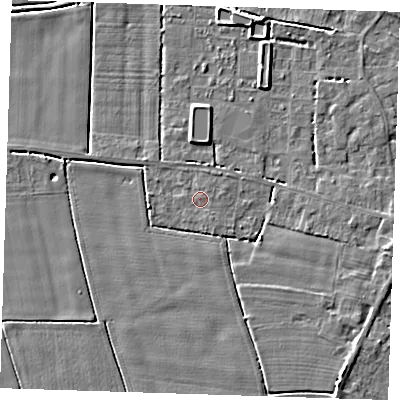 Shaded relief map of the ground around PE147DT, computed from Environment Agency LiDAR. The ground here sits at about 2 m above sea level and falls 4 m across the surrounding 800 m. The ground contributing surface water to this point lies to the south-east.