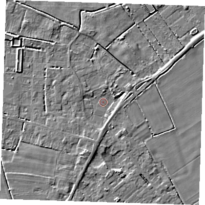 Shaded relief map of the ground around PE147DU, computed from Environment Agency LiDAR. The ground here sits at about 2 m above sea level and falls 4 m across the surrounding 800 m. Surface water reaching this point runs off ground lying to the east-north-east, 3.6 m higher.