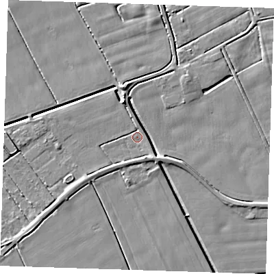 Shaded relief map of the ground around PE147DW, computed from Environment Agency LiDAR. The ground here sits at about 2 m above sea level and falls 5 m across the surrounding 800 m. Surface water reaching this point runs off ground lying to the north-north-west, 2.9 m higher.