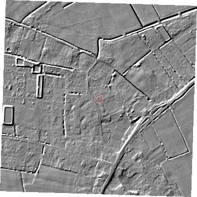 Shaded relief map of the ground around PE147EB, computed from Environment Agency LiDAR. The ground here sits at about 2 m above sea level and falls 5 m across the surrounding 800 m. Surface water reaching this point runs off ground lying to the east, 3.7 m higher.