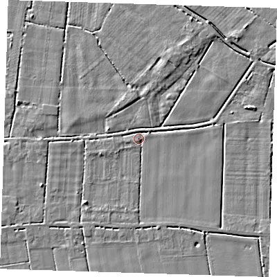 Shaded relief map of the ground around PE147EF, computed from Environment Agency LiDAR. The ground here sits at about 2 m above sea level and falls 4 m across the surrounding 800 m. Surface water reaching this point runs off ground lying to the south-west, 3.3 m higher.