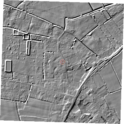 Shaded relief map of the ground around PE147EG, computed from Environment Agency LiDAR. The ground here sits at about 2 m above sea level and falls 5 m across the surrounding 800 m. The ground contributing surface water to this point lies to the south-south-west.