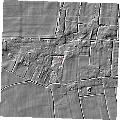Shaded relief map of the ground around PE147EH, computed from Environment Agency LiDAR. The ground here sits at about 2 m above sea level and falls 3 m across the surrounding 800 m. Surface water reaching this point runs off ground lying to the north, 2.1 m higher.