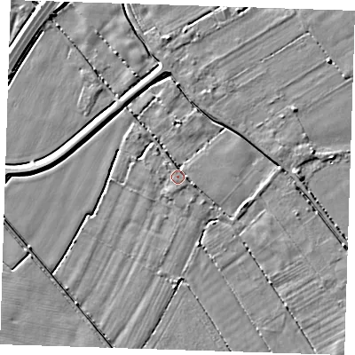 Shaded relief map of the ground around PE147ER, computed from Environment Agency LiDAR. The ground here sits at about 2 m above sea level and falls 4 m across the surrounding 800 m. Surface water reaching this point runs off ground lying to the south-south-east, 2.6 m higher.