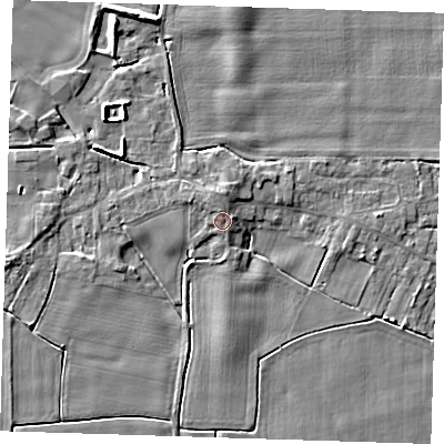 Shaded relief map of the ground around PE147ET, computed from Environment Agency LiDAR. The ground here sits at about 4 m above sea level and falls 5 m across the surrounding 800 m. Surface water reaching this point runs off ground lying to the north, 0.9 m higher.