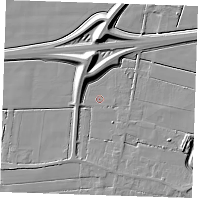 Shaded relief map of the ground around PE147EW, computed from Environment Agency LiDAR. The ground here sits at about 2 m above sea level and falls 12 m across the surrounding 800 m. Surface water reaching this point runs off ground lying to the west-south-west, 3.9 m higher.