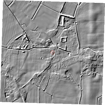 Shaded relief map of the ground around PE147EY, computed from Environment Agency LiDAR. The ground here sits at about 3 m above sea level and falls 6 m across the surrounding 800 m. Surface water reaching this point runs off ground lying to the west-south-west, 3.4 m higher.