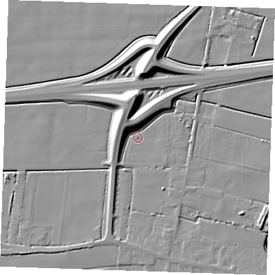 Shaded relief map of the ground around PE147FA, computed from Environment Agency LiDAR. The ground here sits at about 2 m above sea level and falls 12 m across the surrounding 800 m. Surface water reaching this point runs off ground lying to the north-west, 9.3 m higher.