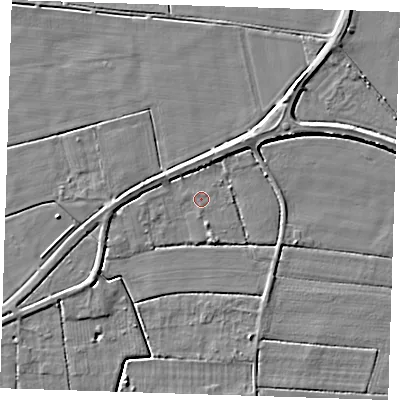 Shaded relief map of the ground around PE147FD, computed from Environment Agency LiDAR. The ground here sits at about 2 m above sea level and falls 5 m across the surrounding 800 m. The ground contributing surface water to this point lies to the south.