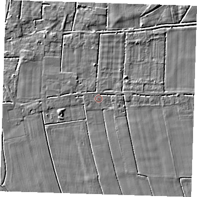 Shaded relief map of the ground around PE147HA, computed from Environment Agency LiDAR. The ground here sits at about 2 m above sea level and falls 3 m across the surrounding 800 m. Surface water reaching this point runs off ground lying to the west, 1.1 m higher.