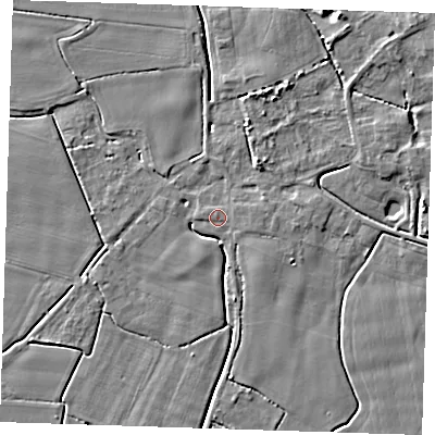 Shaded relief map of the ground around PE147HT, computed from Environment Agency LiDAR. The ground here sits at about 3 m above sea level and falls 4 m across the surrounding 800 m. The ground contributing surface water to this point lies to the east.