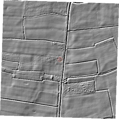 Shaded relief map of the ground around PE147HX, computed from Environment Agency LiDAR. The ground here sits at about 2 m above sea level and falls 4 m across the surrounding 800 m. The ground contributing surface water to this point lies to the north-east.