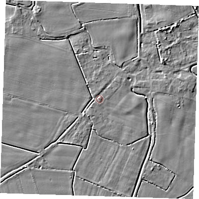 Shaded relief map of the ground around PE147HY, computed from Environment Agency LiDAR. The ground here sits at about 3 m above sea level and falls 4 m across the surrounding 800 m. Surface water reaching this point runs off ground lying to the north, 1.0 m higher.
