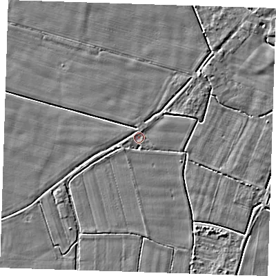 Shaded relief map of the ground around PE147HZ, computed from Environment Agency LiDAR. The ground here sits at about 2 m above sea level and falls 3 m across the surrounding 800 m. Surface water reaching this point runs off ground lying to the south-west, 1.5 m higher.