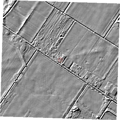 Shaded relief map of the ground around PE147JF, computed from Environment Agency LiDAR. The ground here sits at about 4 m above sea level and falls 5 m across the surrounding 800 m. Surface water reaching this point runs off ground lying to the south-south-east, 1.2 m higher.