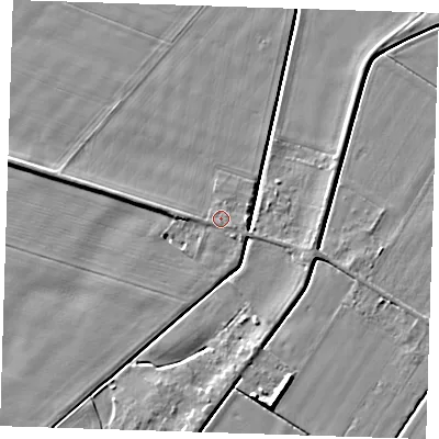 Shaded relief map of the ground around PE147JH, computed from Environment Agency LiDAR. The ground here sits at about 4 m above sea level and falls 6 m across the surrounding 800 m. Surface water reaching this point runs off ground lying to the west-north-west, 1.4 m higher.