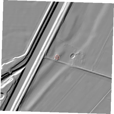 Shaded relief map of the ground around PE147JJ, computed from Environment Agency LiDAR. The ground here sits at about 5 m above sea level and falls 9 m across the surrounding 800 m. Surface water reaching this point runs off ground lying to the west-north-west, 1.7 m higher.