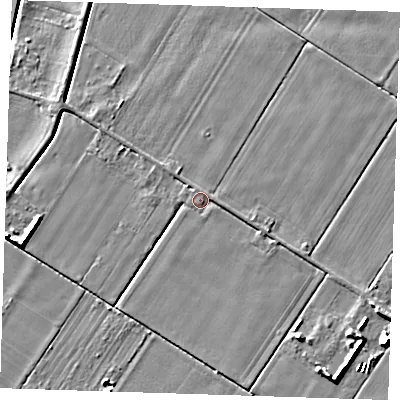 Shaded relief map of the ground around PE147JN, computed from Environment Agency LiDAR. The ground here sits at about 4 m above sea level and falls 7 m across the surrounding 800 m. Surface water reaching this point runs off ground lying to the east, 1.1 m higher.