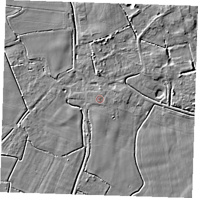 Shaded relief map of the ground around PE147JQ, computed from Environment Agency LiDAR. The ground here sits at about 3 m above sea level and falls 4 m across the surrounding 800 m. The ground contributing surface water to this point lies to the north-north-east.