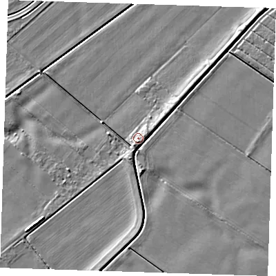Shaded relief map of the ground around PE147JS, computed from Environment Agency LiDAR. The ground here sits at about 5 m above sea level and falls 4 m across the surrounding 800 m. Surface water reaching this point runs off ground lying to the south-south-west, 1.7 m higher.