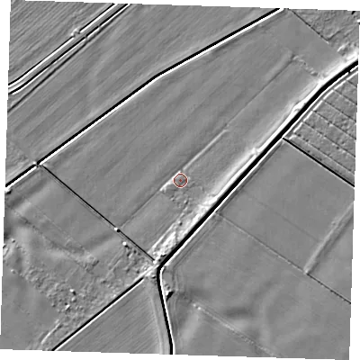 Shaded relief map of the ground around PE147JT, computed from Environment Agency LiDAR. The ground here sits at about 4 m above sea level and falls 4 m across the surrounding 800 m. Surface water reaching this point runs off ground lying to the east-north-east, 2.4 m higher.