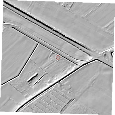 Shaded relief map of the ground around PE147JU, computed from Environment Agency LiDAR. The ground here sits at about 4 m above sea level and falls 8 m across the surrounding 800 m. Surface water reaching this point runs off ground lying to the south-south-east, 2.2 m higher.