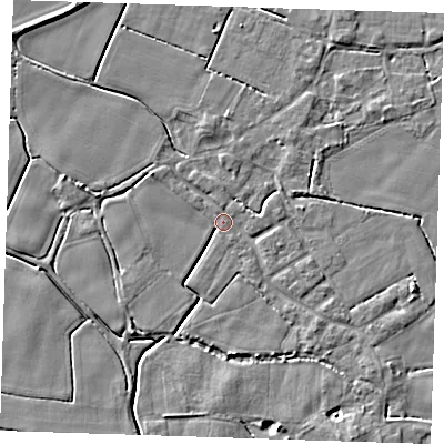 Shaded relief map of the ground around PE147LF, computed from Environment Agency LiDAR. The ground here sits at about 3 m above sea level and falls 5 m across the surrounding 800 m. Surface water reaching this point runs off ground lying to the south, 3.5 m higher.