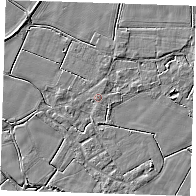 Shaded relief map of the ground around PE147LL, computed from Environment Agency LiDAR. The ground here sits at about 3 m above sea level and falls 5 m across the surrounding 800 m. The ground contributing surface water to this point lies to the north-west.
