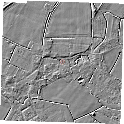 Shaded relief map of the ground around PE147LN, computed from Environment Agency LiDAR. The ground here sits at about 2 m above sea level and falls 5 m across the surrounding 800 m. Surface water reaching this point runs off ground lying to the east, 2.6 m higher.