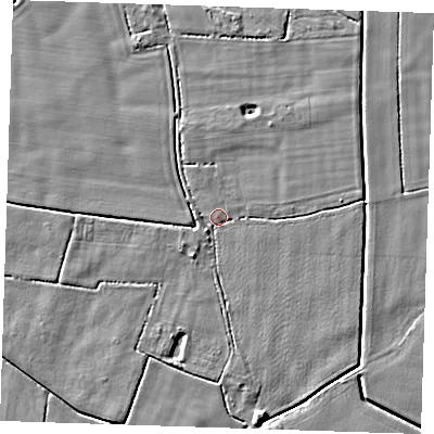 Shaded relief map of the ground around PE147LS, computed from Environment Agency LiDAR. The ground here sits at about 2 m above sea level and falls 5 m across the surrounding 800 m. Surface water reaching this point runs off ground lying to the east, 1.6 m higher.