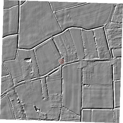 Shaded relief map of the ground around PE147LT, computed from Environment Agency LiDAR. The ground here sits at about 2 m above sea level and falls 3 m across the surrounding 800 m. Surface water reaching this point runs off ground lying to the north-east, 1.1 m higher.
