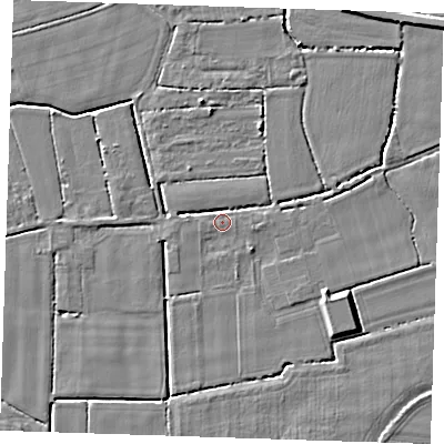 Shaded relief map of the ground around PE147LX, computed from Environment Agency LiDAR. The ground here sits at about 3 m above sea level and falls 4 m across the surrounding 800 m. Surface water reaching this point runs off ground lying to the west, 2.0 m higher.