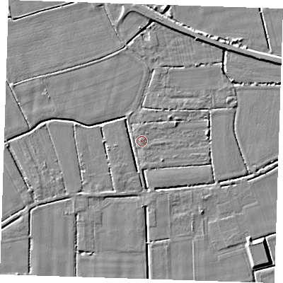 Shaded relief map of the ground around PE147LY, computed from Environment Agency LiDAR. The ground here sits at about 3 m above sea level and falls 4 m across the surrounding 800 m. Surface water reaching this point runs off ground lying to the east-north-east, 3.5 m higher.